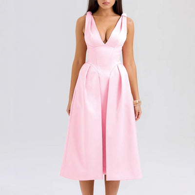Chic V-Neck Women's Maxi Dress with Structured Skirt