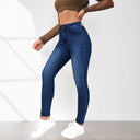 High-Waist Skinny Jeans with Faux Pockets and Elastic Waistband for Women