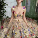 Embroidered Tulle Dress with Waist Belt - A-Line Design