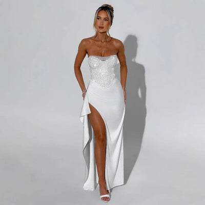 Chic Evening Dress with Glittering Bodice and High Slit