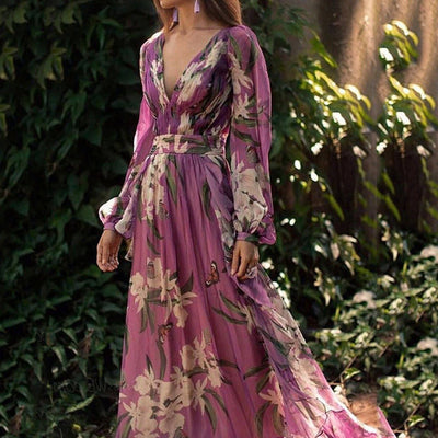 Floral Chiffon Women's Maxi Dress with Chic Ruffles