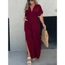 Chic Women's Maxi Dress with Deep V-Neck & Side Pockets