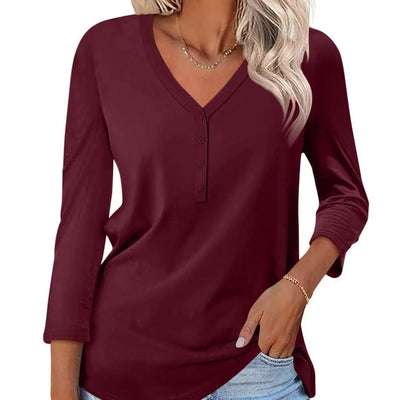 Women's Button Placket V-Neck Long Sleeve Top