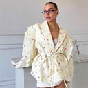 Floral Design Blazer Jacket with Waist Belt for Women