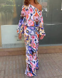 Stylish Off-Shoulder Tie-Dye Maxi Dress with Voluminous Sleeves