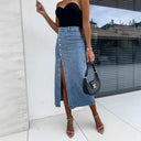 Chic Long Denim Skirt with Side Slit and Button Accents
