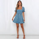Stylish Women's Denim Dress with Puff Sleeves and Waist Belt