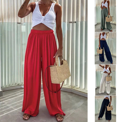 Elegant Women's Palazzo Pants with Stretch Waist and Pockets