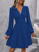 Chic Knee-Length Wrap Dress with Stylish Puff Sleeves