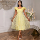 Women's Floral Lace Midi Dress with Tulle Sleeves