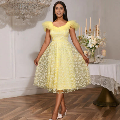 Women's Floral Lace Midi Dress with Tulle Sleeves