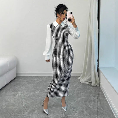 Chic Midi Dress with Glossy Puff Sleeves