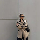 Chic Women's Blazer Jacket with Waist Belt & Contrast Stitching
