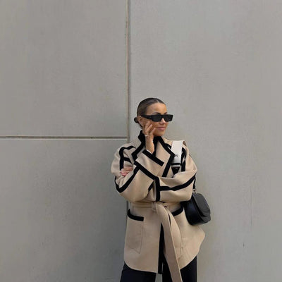 Chic Women's Blazer Jacket with Waist Belt & Contrast Stitching