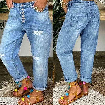 Distressed Button Closure Women's Boyfriend Jeans