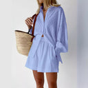 Women's Short Sleeve Blouse Set with Elastic Waist Design