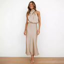 Chic Maxi Dress with Stand-Up Collar and Draped Design
