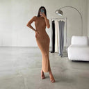 Women's High Collar Knit Bodycon Dress with Ribbed Texture