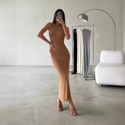 Women's High Collar Knit Bodycon Dress with Ribbed Texture