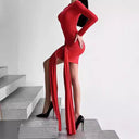 Chic Women's Long Sleeve Wrap Dress with Unique Asymmetrical Hem
