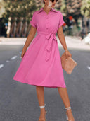Chic Knee-Length Shirt Dress with Waist Belt and V-Neck Design