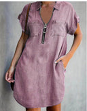 Women's Denim Dress with Pockets and Zipper