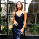 Stunning Long Sequin Evening Dress with V-Neck