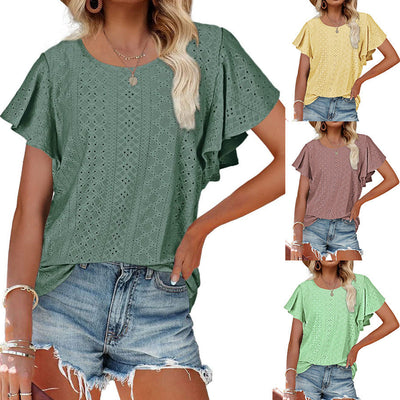 Chic Ruffle and Lace Short-Sleeve Blouse for Women