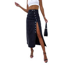 Chic Long Denim Skirt with Side Slit and Button Accents