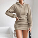 Stylish Women's Hooded Dress with Ruching and Side Drawstring