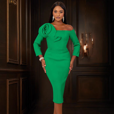Asymmetrical Rose Detail Long Sleeve Dress for Women