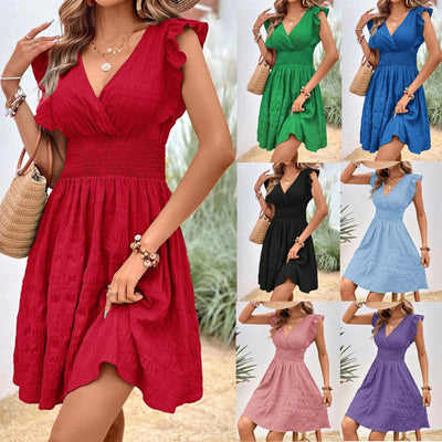 Women's Flowy Dress with Ruffled Cutouts and Elastic Waistband