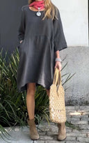 Chic Women's Linen Dress with Asymmetrical Hem and Pockets