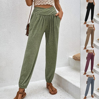 Women's Relaxed Fit Pants with Wide Waistband and Side Pockets