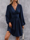 Chic Knee-Length Wrap Dress with Stylish Puff Sleeves