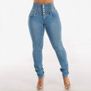 Stylish High-Waisted Slim Fit Jeans with Unique Button Accents