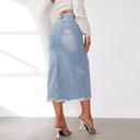 Stylish High Slit Denim Midi Skirt with Frayed Hem