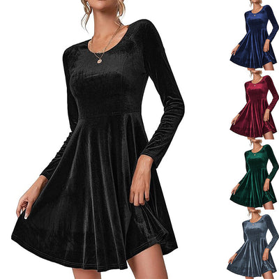 Velvety Women's A-Line Dress with Long Sleeves