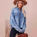 Chic Denim Blouse with Fringe Detail and Patch Pockets
