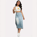 Chic Asymmetrical Denim Midi Skirt with Fringed Hem