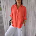 Pure Linen Women's Blouse with Button Placket and Wide Sleeves