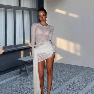Chic Long Sleeve Mini Dress with Mesh Accents