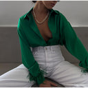 Chic Satin Blouse with Feather Accents