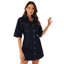 Chic Women's Denim Dress with Short Sleeves and Handy Pockets