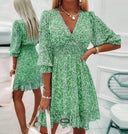 Floral V-Neck Dress with Puff Sleeves