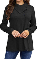 Women's Long Sleeve Blouse with Asymmetrical Collar & Button Trim
