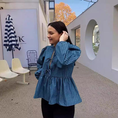 Trendy Women's Striped Blouse with Puff Sleeves