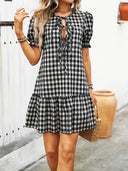 Chic Gingham Ruffle Dress with Bow Closure