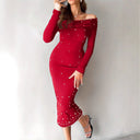 Off-Shoulder Midi Dress with Pearl Accents