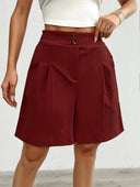 Chic Women’s High-Waisted Shorts with Double Button and Pleat Design